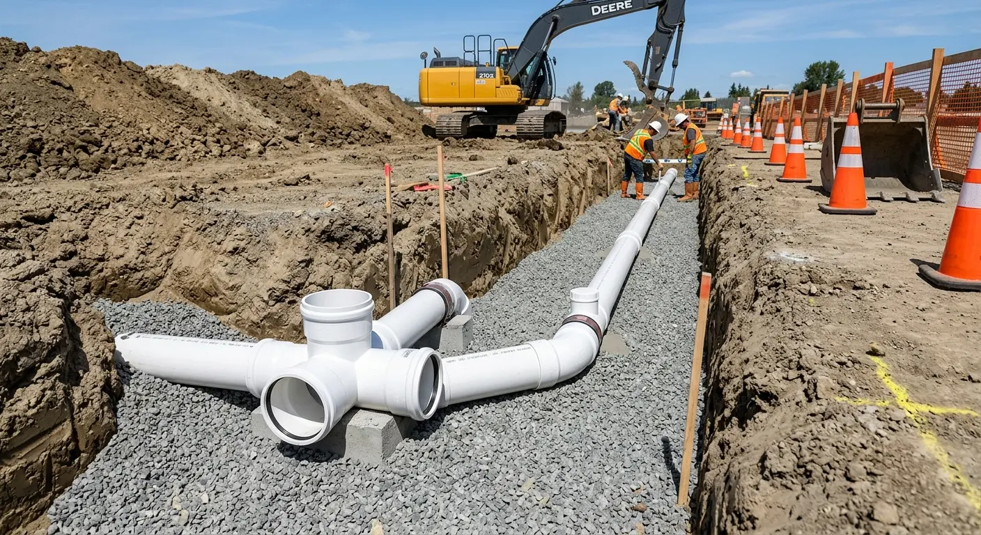 New PVC sewer pipe installation in open trench for Commercial Drain Cleaning in Twinsburg
