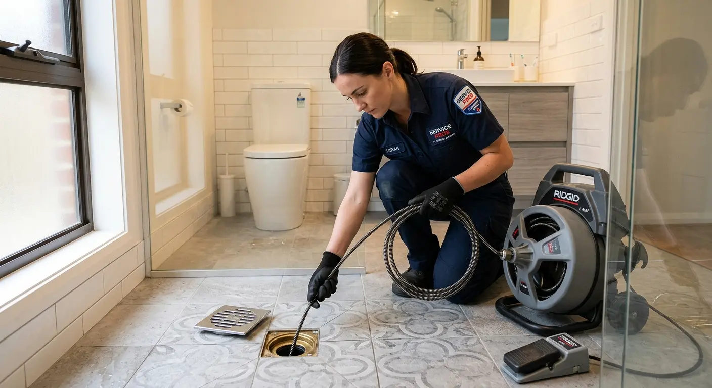Technician clearing a bathroom floor drain for Clogged Drain Repair in Twinsburg